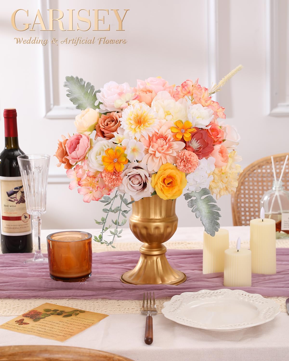 Artificial Flowers Combo, Mix Silk Flowers Roses, Peonies, Dahlias with Stems for DIY Wedding Bridal Bouquet, Baby Shower, Table Centerpieces, Home Decor, Floral Arrangements-Champagne Powder