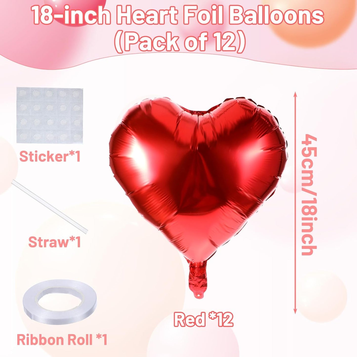 12 Pcs Heart Balloons 18 Inch Red Heart Shaped Balloons Helium Foil Balloon For Baby Shower Birthday Wedding Bridal Engagement Anniversary Valentines Day Decorations Women Girls