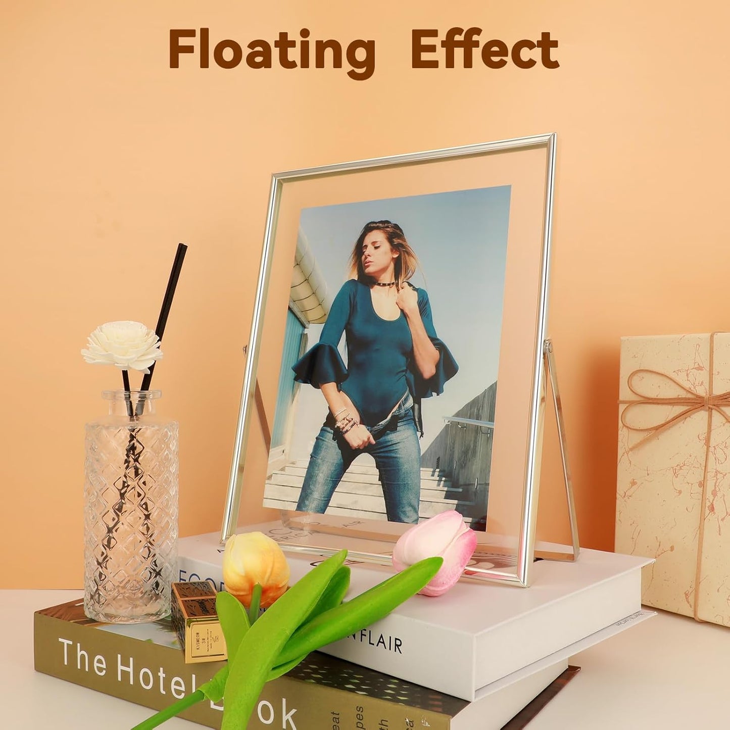 Silver Floating Frame (8"x10", Vertical), For Picture 7x9, 6x8, 5x7, Tabletop Shelf Photo Frame, Classy Gift For Graduation Commemoration, Birthday or Wedding