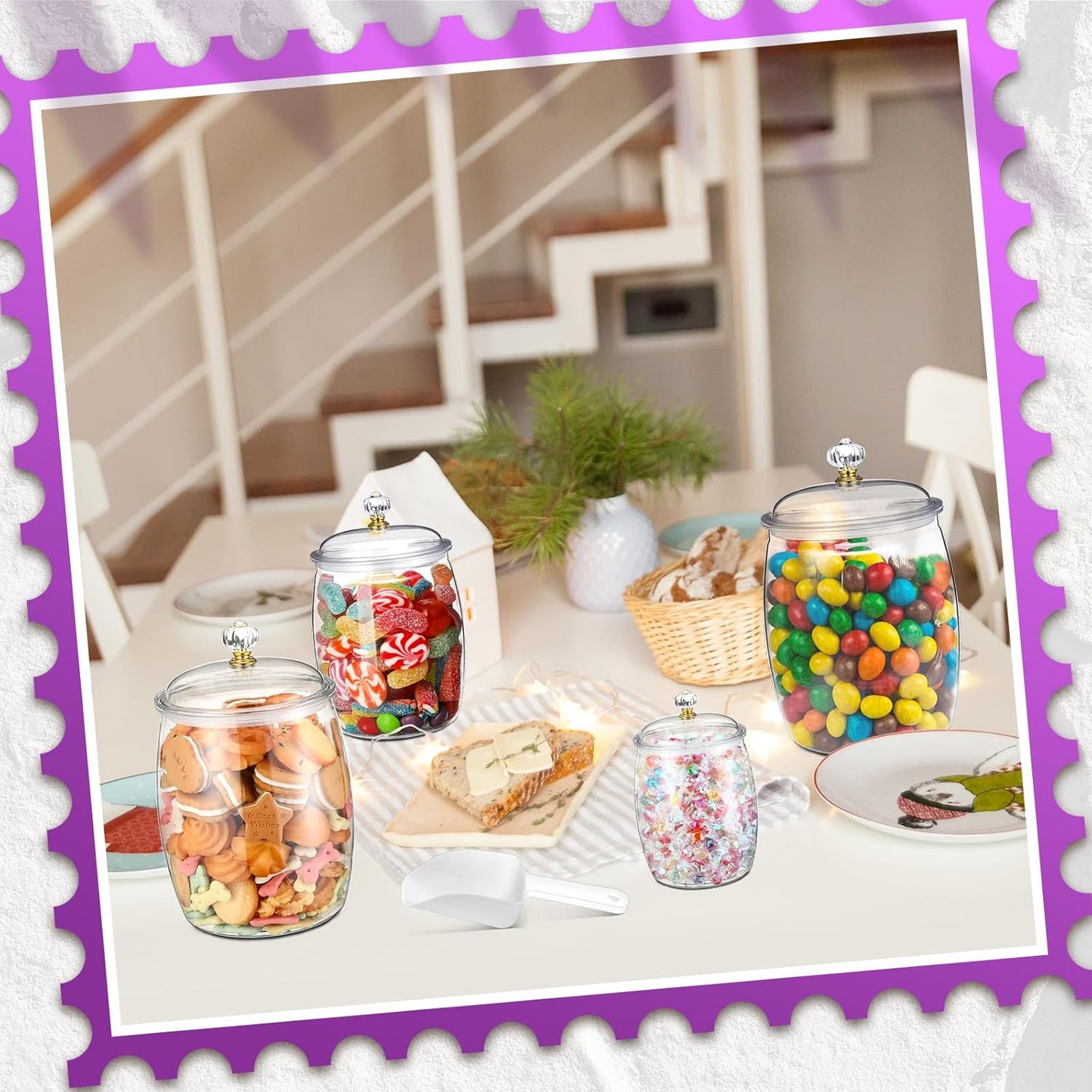 Nuogo 4 Pcs Plastic Candy and Cookie Jars with Lids Clear Cookie Container Candy Jars Large Airtight Apothecary Storage Organization for Wedding Home Kitchen Bar(42/64/90 oz)