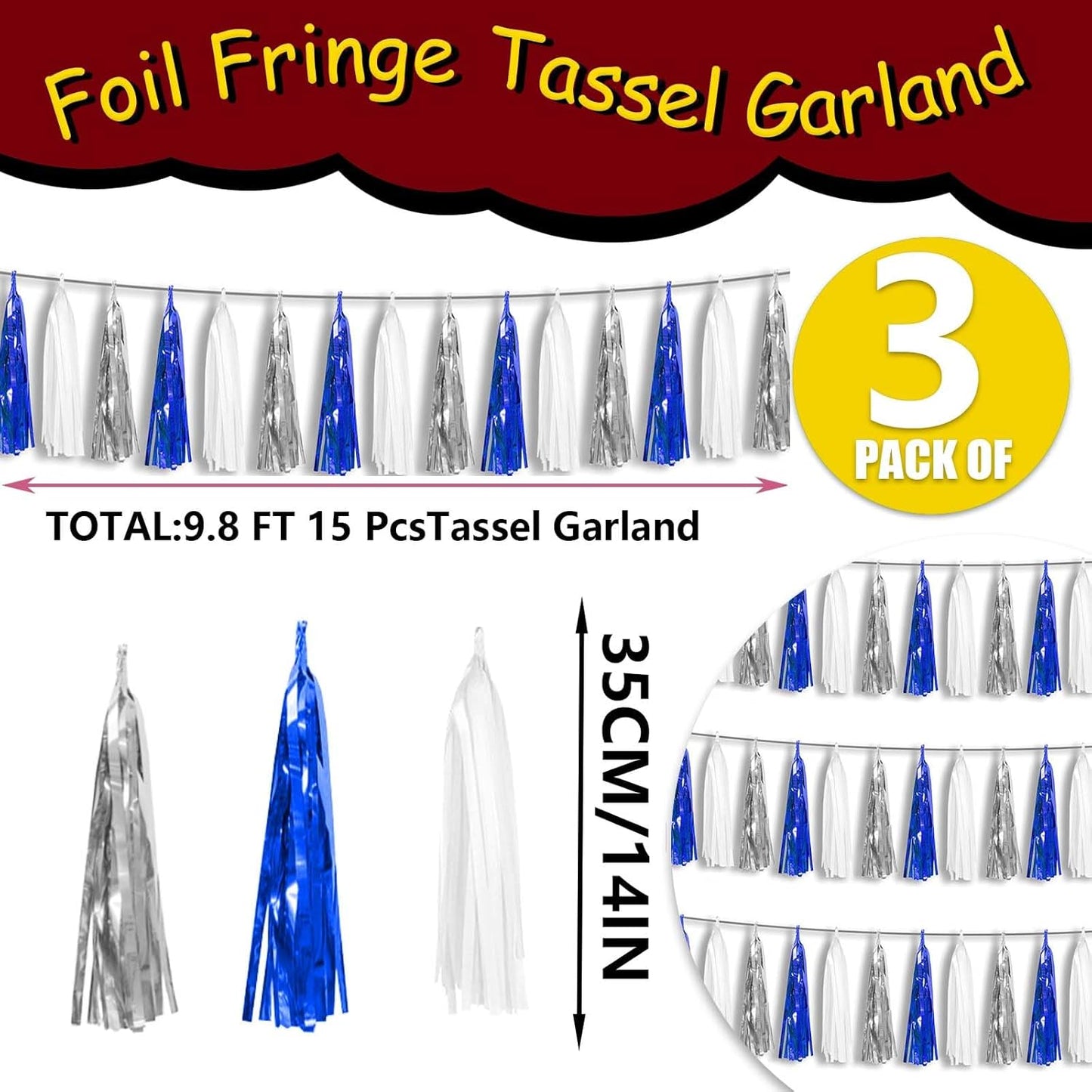 3P Metallic Fringe Tassel Banner Garland Foil Tinsel Streamer Wall Hanging Curtain Backdrop Banner for Parade Floats, Graduation Decorations, Retirement Party Decorations(Navy Blue White Silver)