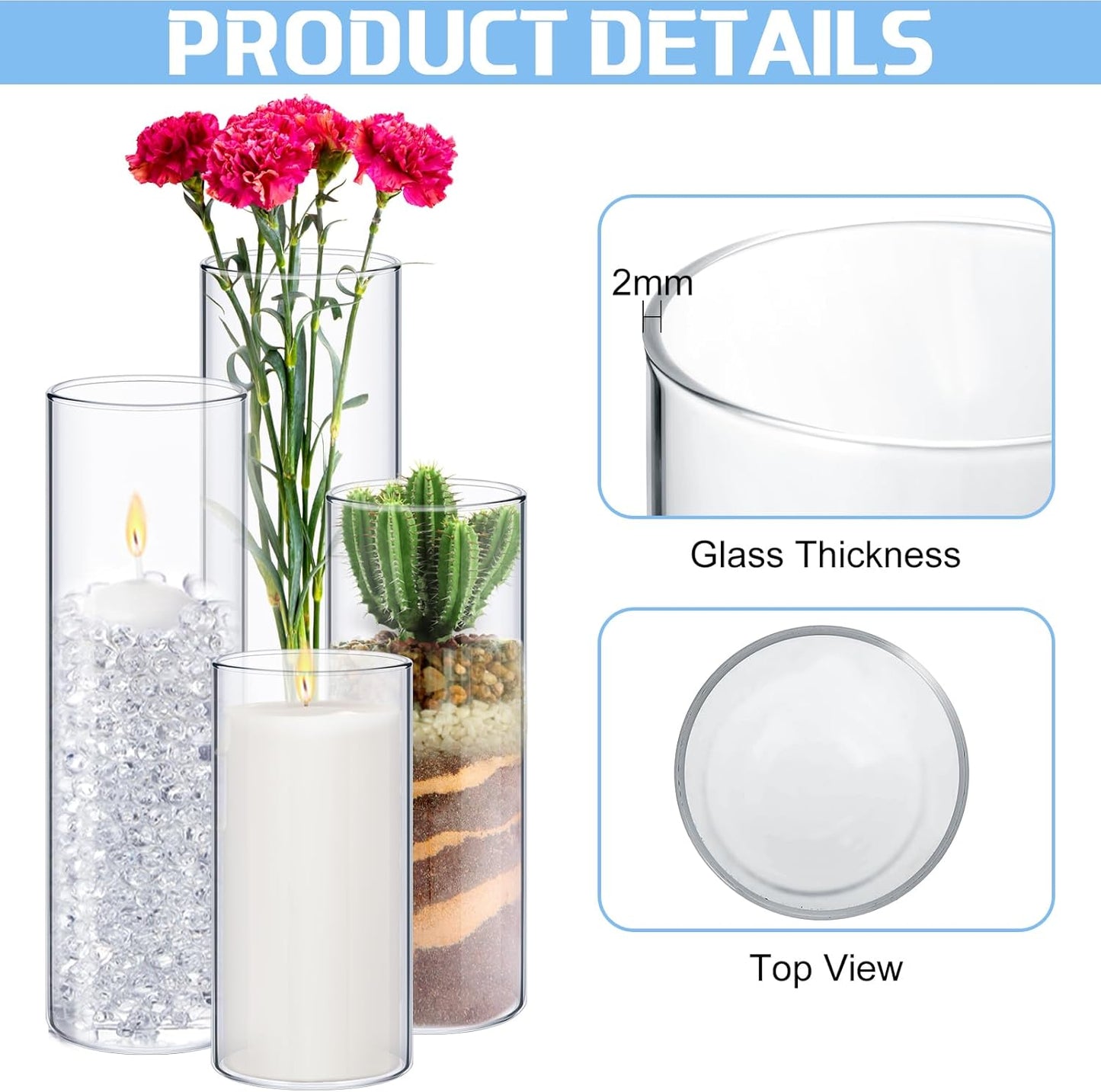 Sawysine 8 Pcs Glass Cylinder Vases 2.5''/2.95''/3.9'' Diameter Clear Flowers Vase Hurricane Floating Candles Holders for Table Centerpieces (2.95 x 6 in,2.95 x 8 in,2.95 x 10 in,2.95 x 12 in)