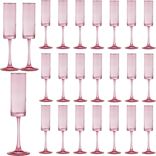24 Pieces Pink Champagne Flutes 6 OZ Straight Sided Wine Glasses Champagne Long Stem Drinking Colored Glasses,Set of 24 Hand Blown Champagne Flutes Goblets for Wedding Cocktail Cups,Cava, Prosecco