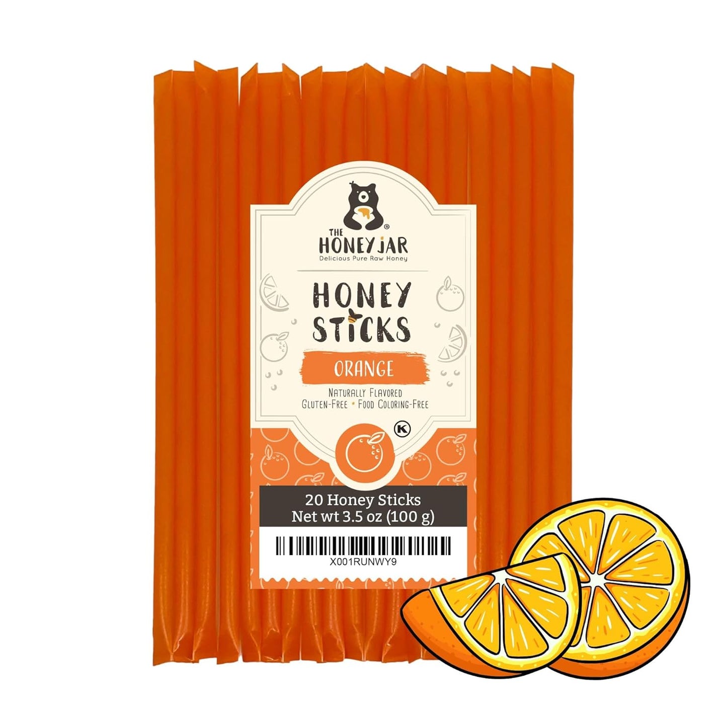 The Honey Jar Orange Flavored Honey Sticks - Pure Honey Straws For Tea, Coffee, or a Healthy Treat - One Teaspoon of Flavored Honey Per Stick - Made In The USA with Real Honey - (20 Count)