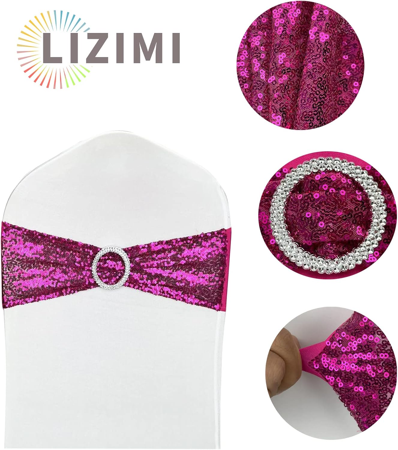 10 Pcs Chair Sashes Sequin Stretch Chair Bands Spandex Polyester Bows for Party Hotel Wedding Banquets Decoration - Magenta