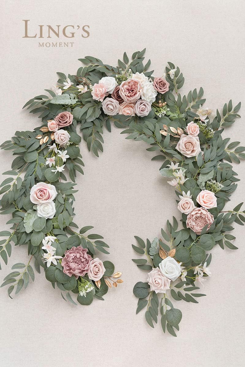 Ling's Moment Flower Garland - 6FT Eucalyptus & Rose - Pink Sweetheart Table Decor for Wedding Reception, Artificial Floral Garland for Mantle, Thanksgiving, Christmas Decoration, Dusty Rose