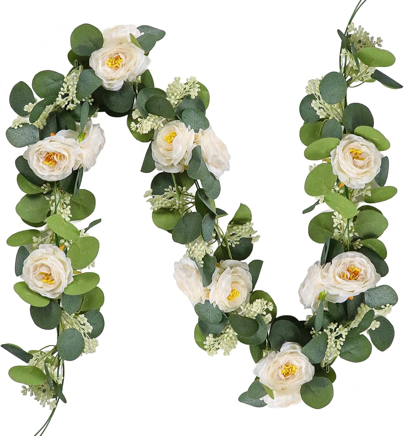 MAKHOT 2PCS 6.6Ft Artificial Eucalyptus Garland, Green Vines and Champagne Artificial Roses Combined to Form an Artificial Rose Garland for Wedding, Table, Party, Fireplace, and Home Decor.