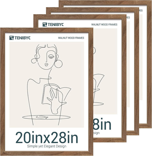 20x28 Picture Frame 4 Pack - Brown Walnut Wood, 20 x 28 Poster Frame for Gallery, Home and Office - Wall Hanging