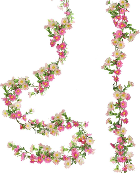 2 Pack Pink Flower Garland Daisy Flowers Silk Artificial Wildflower 13ft Wedding Floral Garland Fake Hanging Vines for Party Decoration Wall Backdrop Table Runner Indoor Outdoor Decor Multicolored