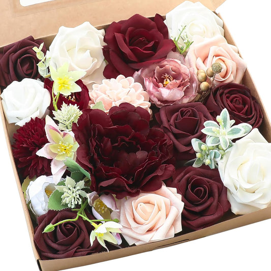 Floroom Burgundy Artificial Flowers Marsala Fake Roses Peonies Dahlia Greenery Combo Box Set for DIY Dark Red Wedding Bouquets Bridal Shower Centerpieces Floral Arrangements Party Tables Decoration