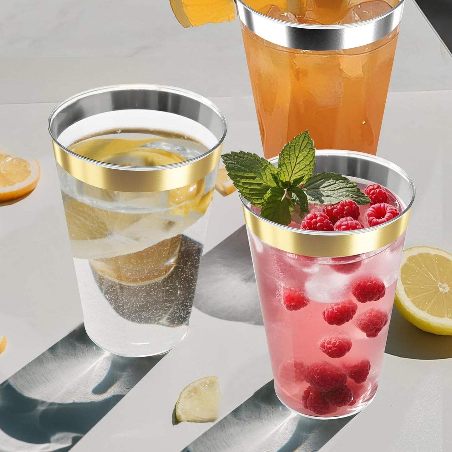 12oz Clear Plastic Cups with Gold Rimmed Sturdy & Food Safe Disposable Wine Glasses Wedding Cups Party Cups Plastic Cocktail Glasses for Wine, Juice, Cocktails and Cold Beverages [100 Pack]