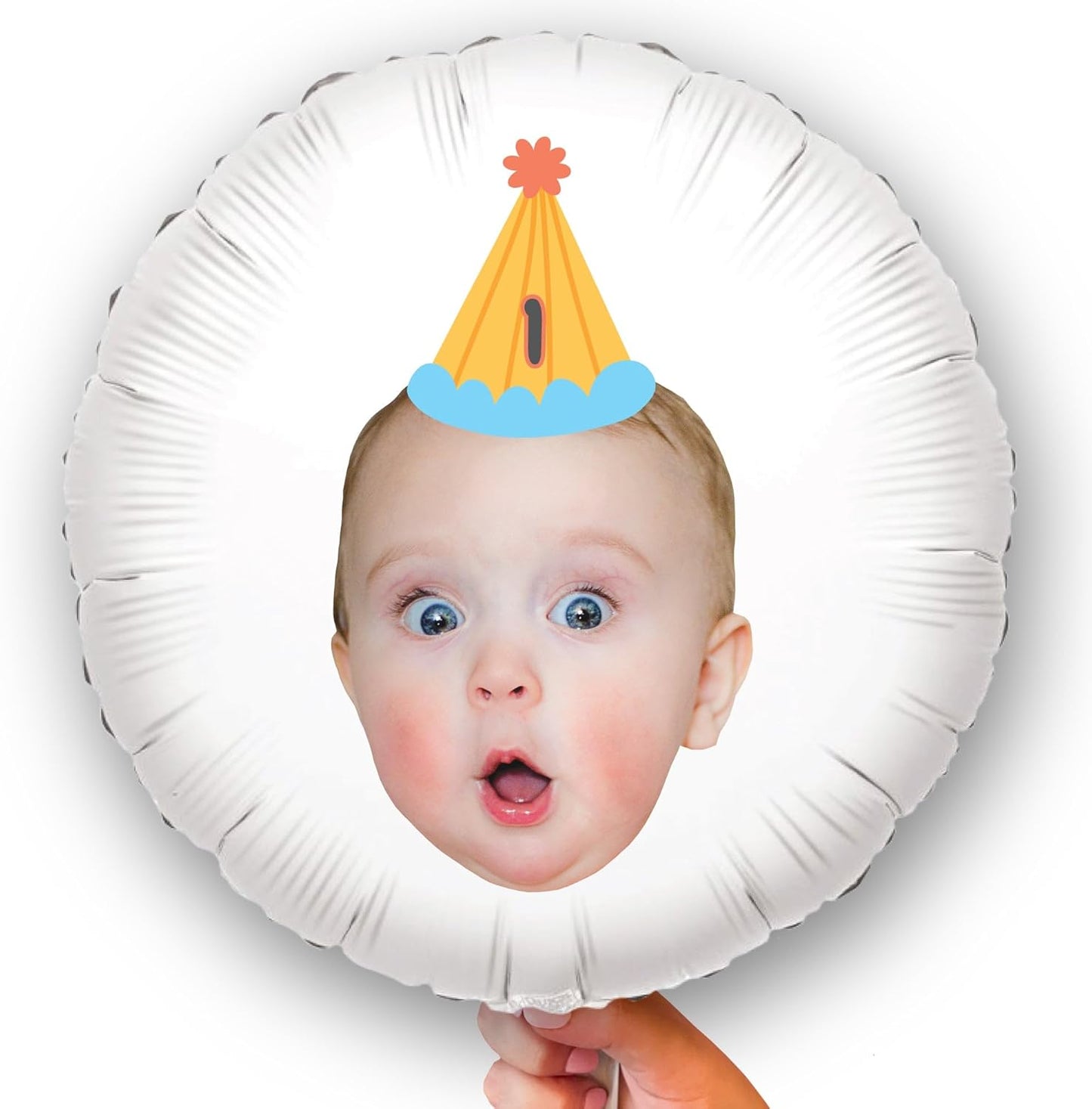 Big Dot of Happiness Personalized Party Time Happy Birthday Colorful Cone Hat Fun Face Photo Balloon, Adult & Kids Bday Party Decorations, Custom Double-Sided Circle Mylar, 1 Piece