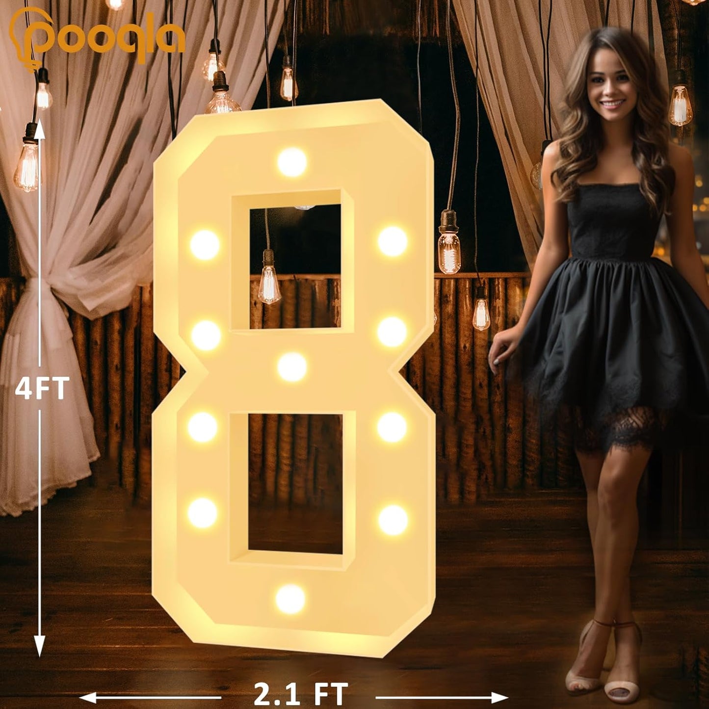 Pooqla 4 FT Light Up Marquee Numbers, Cool White and Warm White LED Large Lighted Marquee Numbers, Giant Mosaic Light Up Numbers for Balloons 8th 18th 80th Birthday Party Decoration, LED Number 8