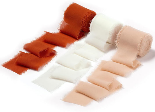 DORIS HOME 2" x21Yd Chiffon Ribbon for Flower Bouquet, Orange & Cream Fabric Ribbon for Gift Wrapping, Handmade Frayed Ribbon for Wedding/Christmas Decorations