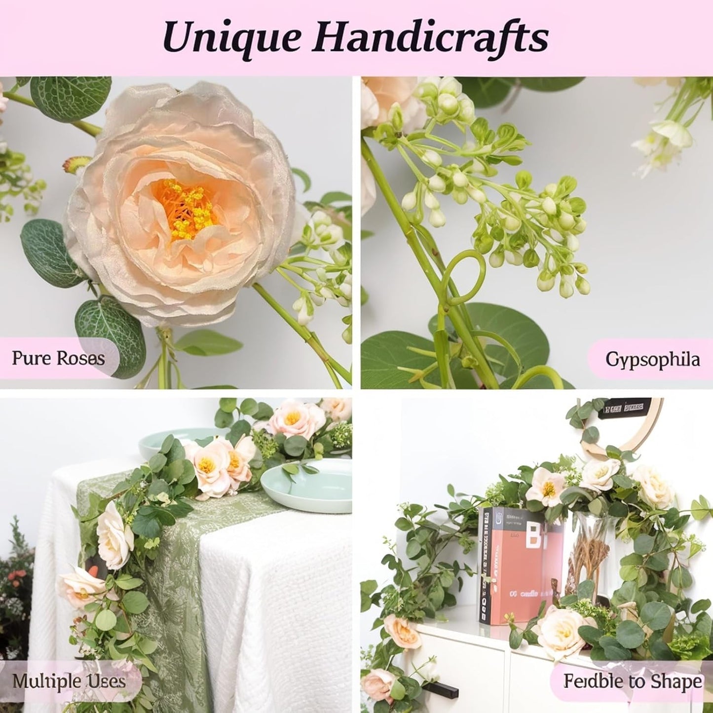 2Pcs Total 13 feet Eucalyptus Flower Garland with Fake Rose Flower, Artificial Fake Flowers Greenery Garland Floral Vines for Decoration Party Wedding Table Indoor Outdoor Backdrop Wall Decor（Pink）