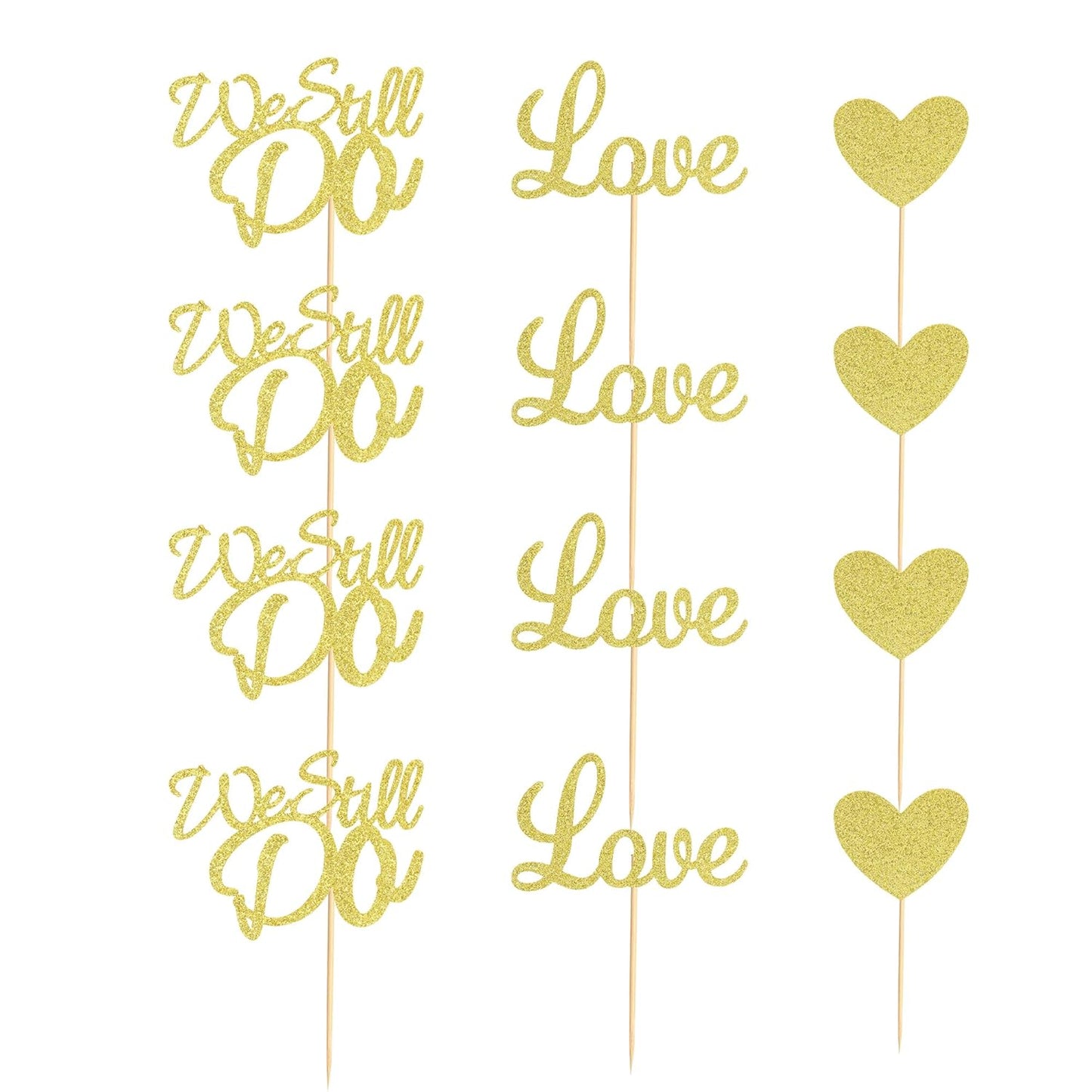 24Pcs We Still Do Cupcake Toppers Glitter Love Heart Marriage Anniversary Cupcake Picks Bridal Shower Wedding Engagement Birthday Cake Decorations Supplies - Gold Glitter