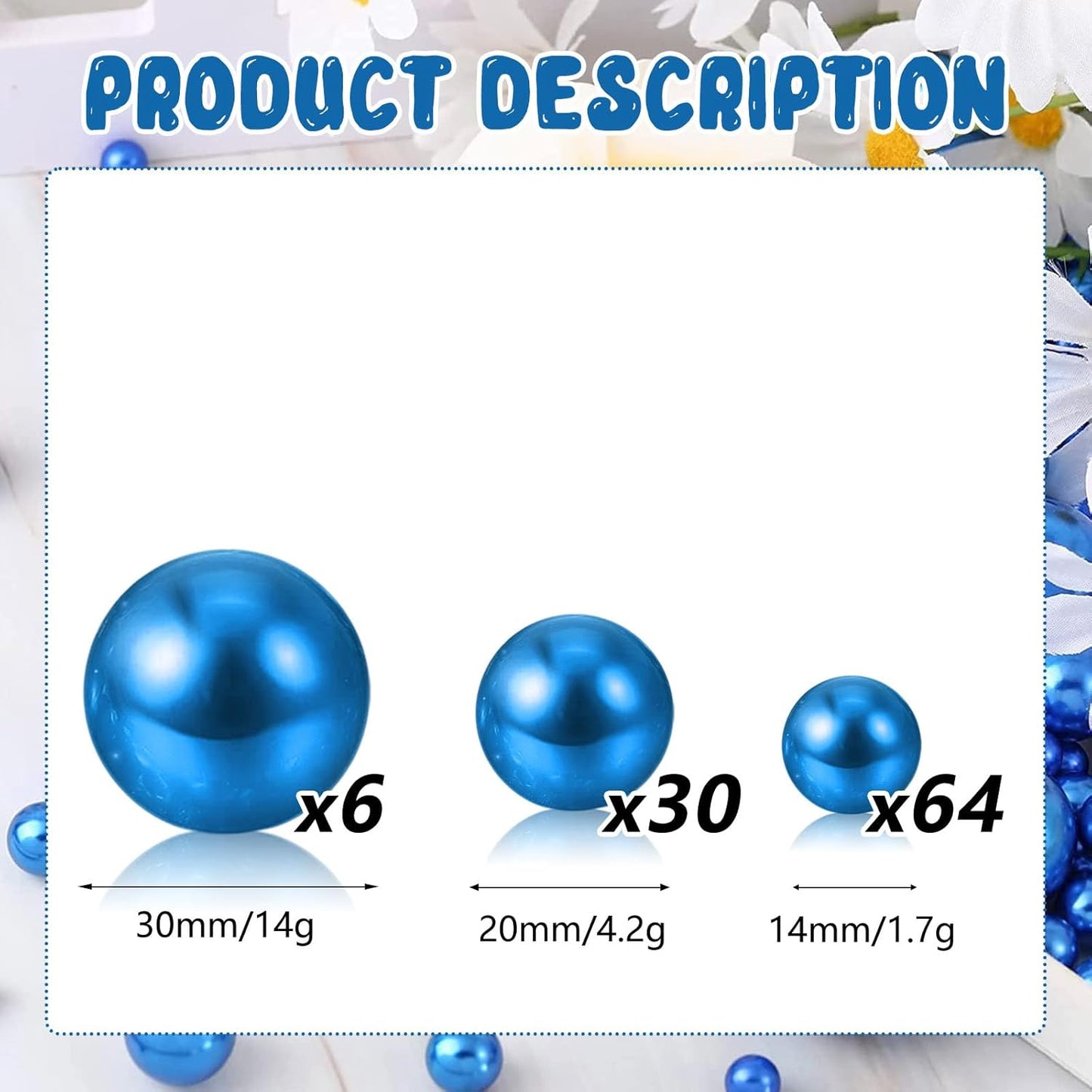 100PCS Blue Faux Pearls Beads for Centerpiece Vases, Vase Filler Faux Pearls, No Holes Filler Beads for Party Anniversary Birthday Wedding Table Decor, 14/20/30mm