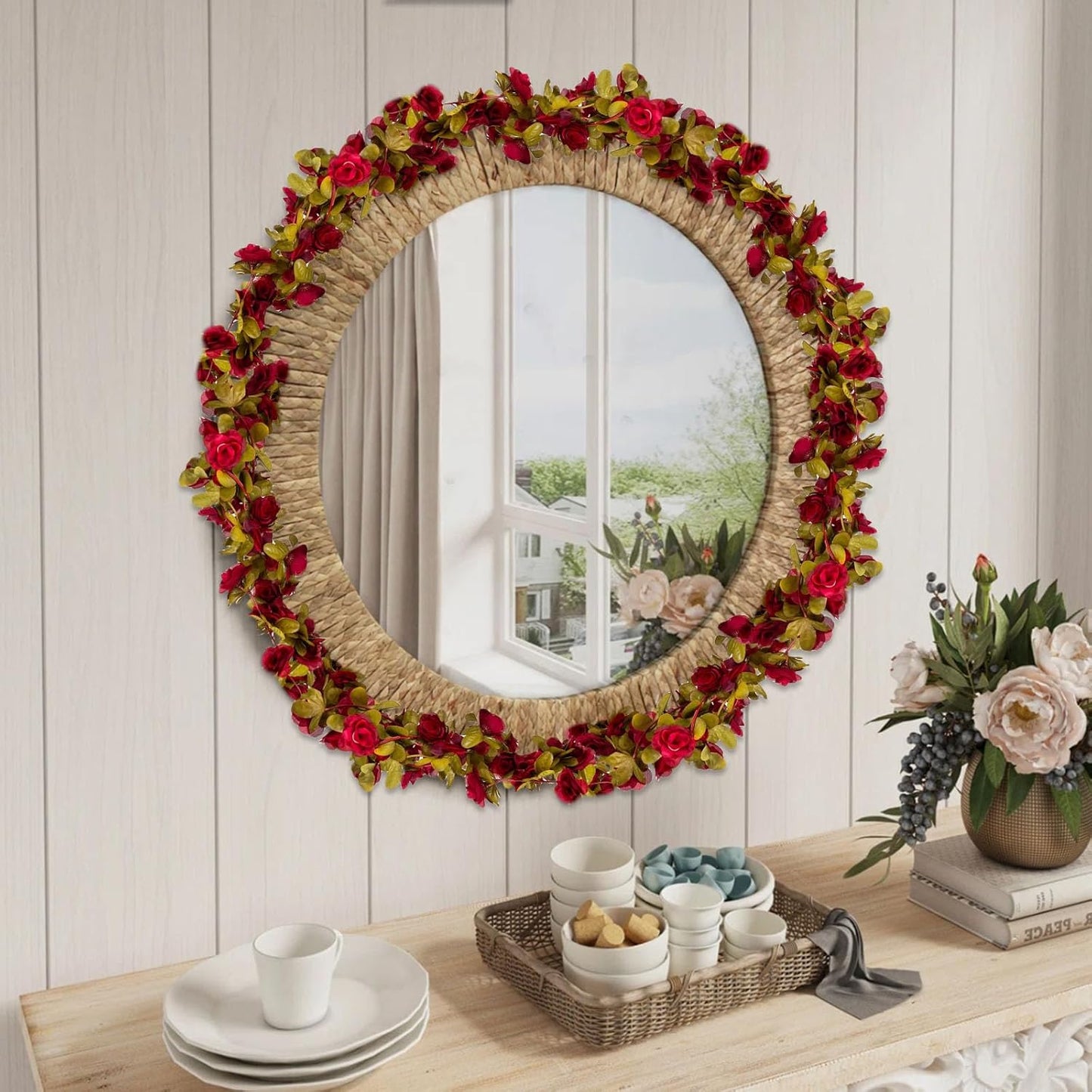 8Pcs 63Ft Burgundy Rose Garland, Fake Rose Hanging Flowers, Artificial Flower Vine, Hanging Floral Vine Garland for Wedding, Birthday Party, Wall Arch, Halloween, Christmas Garden Backdrop Decor