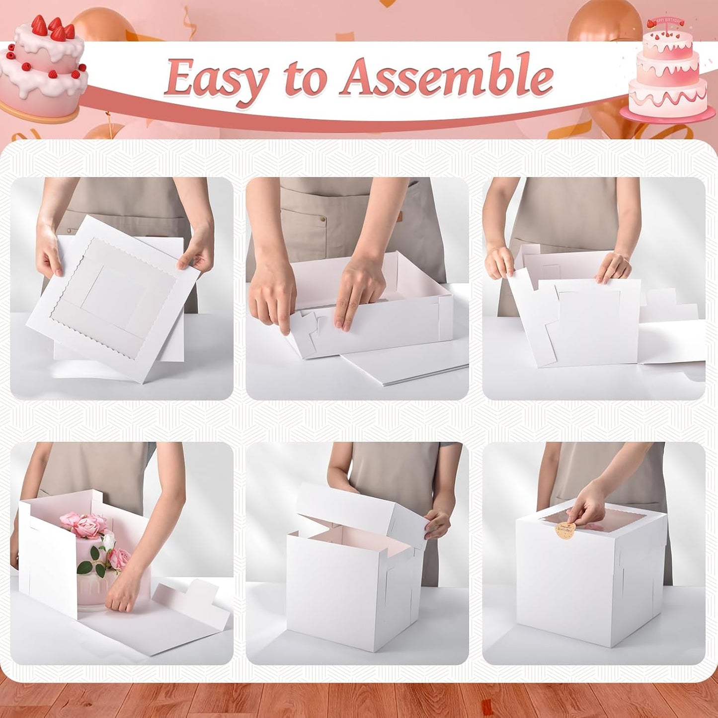 12Pcs Cake Boxes, 10x10x10 Inches Tall Cake Boxes with Window, White Disposable Tier Cake Containers for Pastries, Pie, Cookies, Chocolates, Cupcakes, Birthday Party, Wedding Bakery Boxes