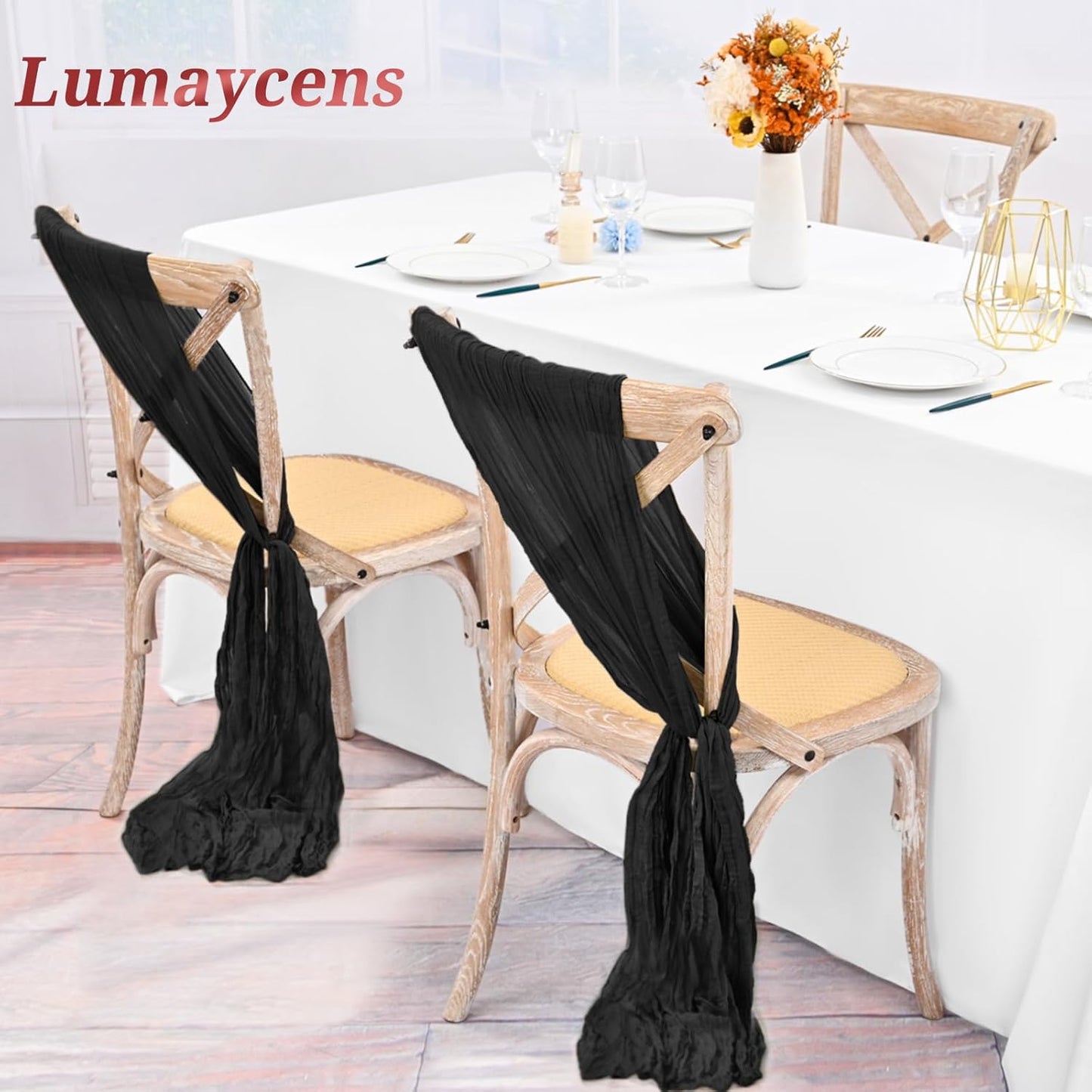50 PCS Cheesecloth Chair Sashes Bows Wedding Aisle Decorations Chair Ribbon Ties Back Sash for Wedding Party Events Banquet Chair Cover Decoration (Black)