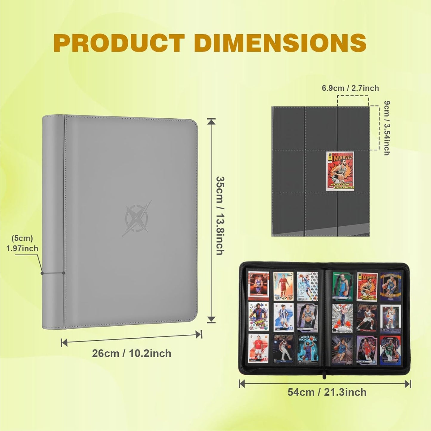 Trading Card Binder, Card Binder 9 Pocket for Trading Cards, Holds 540 Cards, Zippered Premium Card Collection Binder Album for Game Card, Sports Card, Yugioh, MTG (Carbon ash)