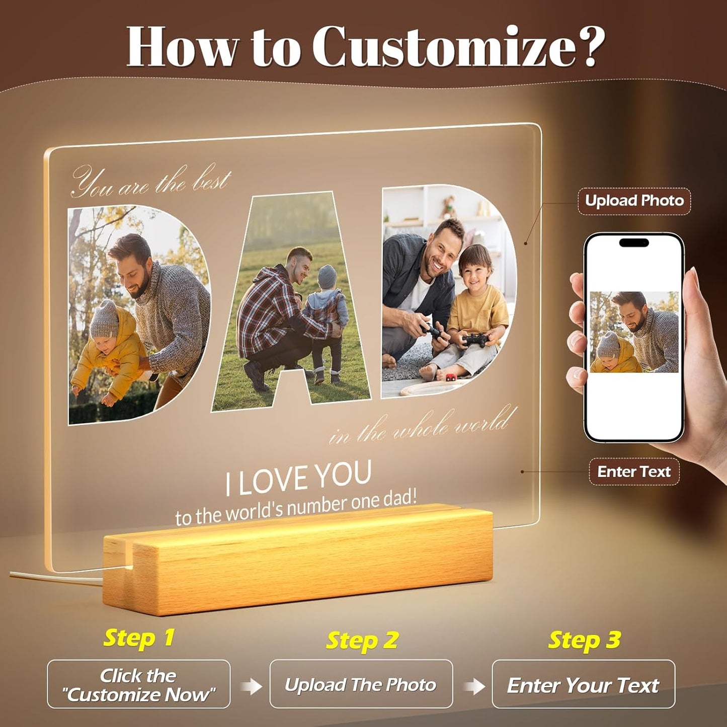Personalized Gifts for Dad from Daughter & Son, Custom DAD Picture Frames with Photo, Customized Photo Frame with Night Light, Custom Birthday Gifts for Dad, Baby, Kids, Family