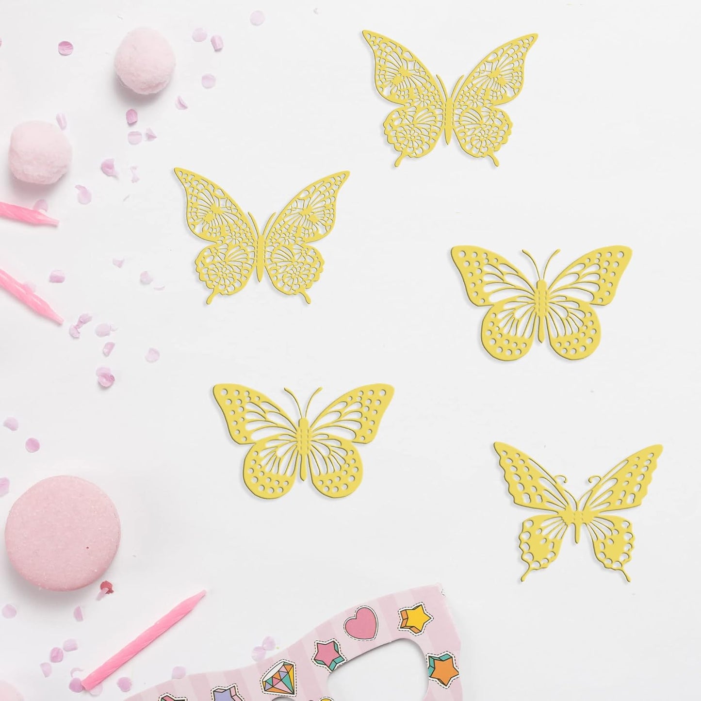 Gyufise 36 Pack Gold Glitter 3D Butterfly Cupcake Toppers Hollow Cake Decorations for Birthday Wedding Fairy Party Wall Sticker Decal