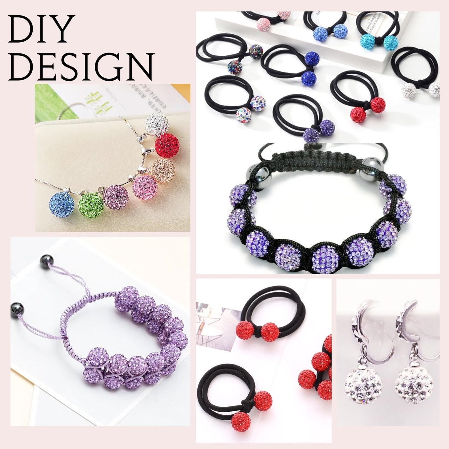 100pcs 10mm Rhinestone Beads for Jewelry Making, Black Mixed Shiny Round Shamballa Disco Beads Bulk, Sparkle Crystal Clay Christmas for Bracelet Baseball Necklace Earring Crafting and DIY