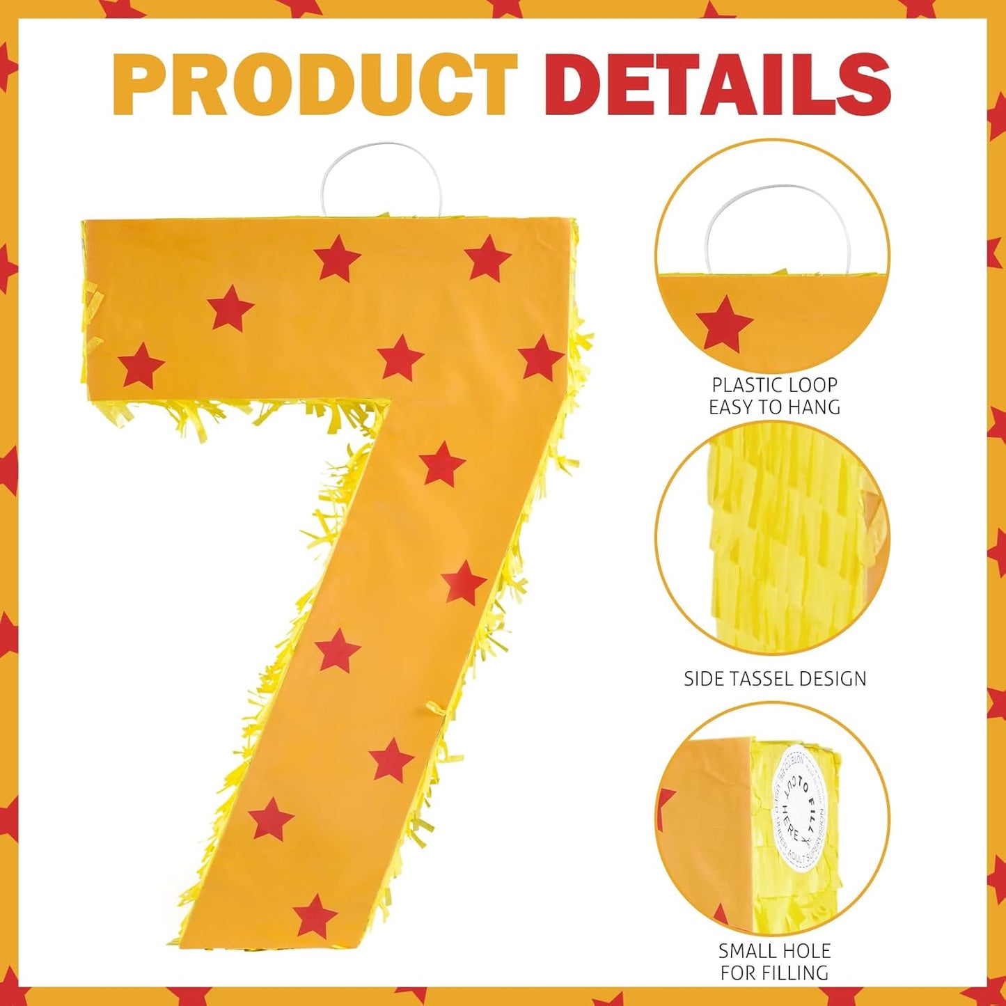 Orange and Red Star Number 7 Pinata, 16 Inch Piñata for 7th Birthday Party Decorations with Stick, Blindfold and Confetti (15.7 inch Number 7 Pinata)