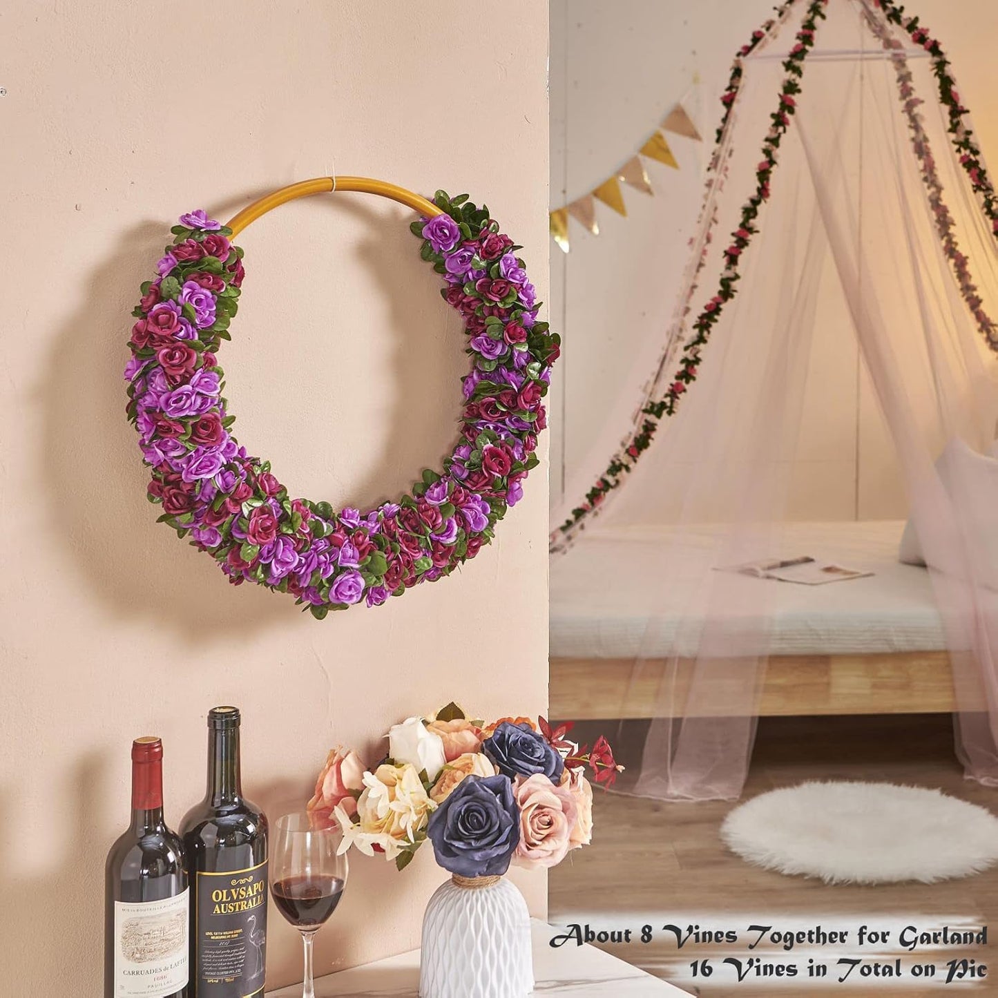 8 Pcs x 8.2 ft Flower Garland Artificial Rose Vine Flowers with Green Leaves Hanging Fake Roses Vine for Room Party Home Wedding Birthday Christmas Wall Arch Decor, Spring Purple Flower