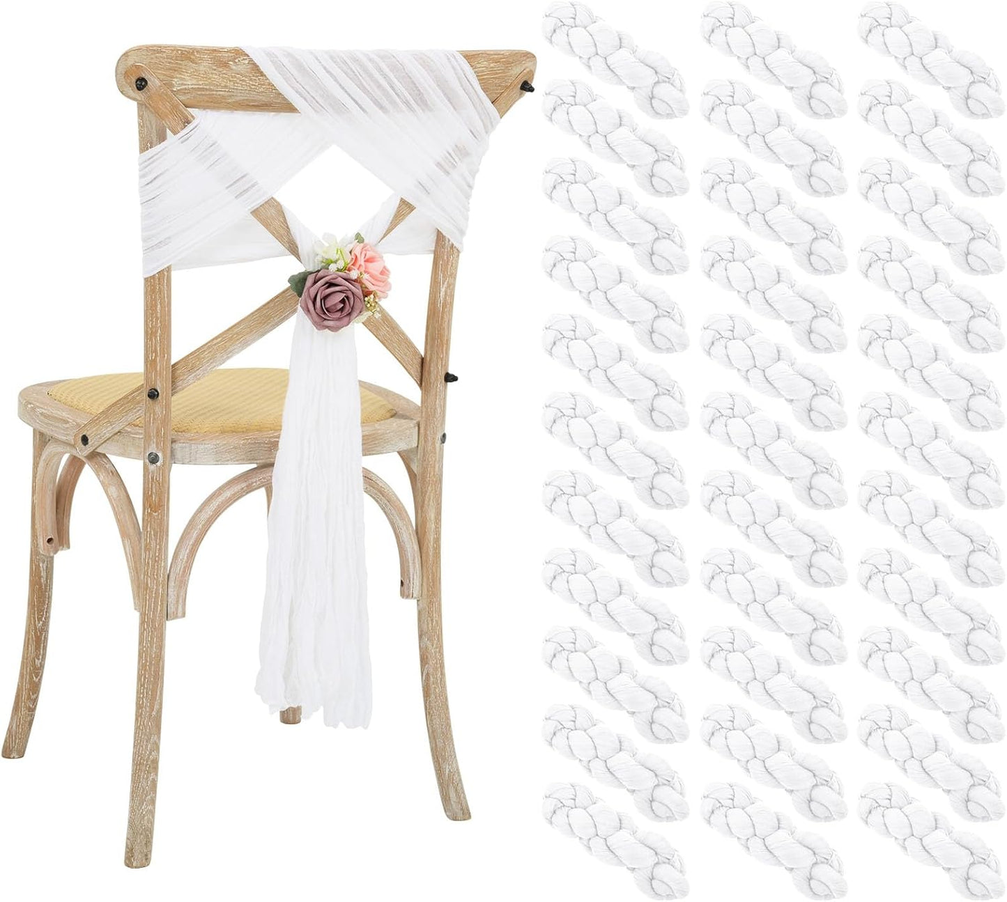 50 PCS Cheesecloth Chair Sashes Bows Wedding Aisle Decorations Chair Ribbon Ties Back Sash for Wedding Party Events Banquet Chair Cover Decoration (White)