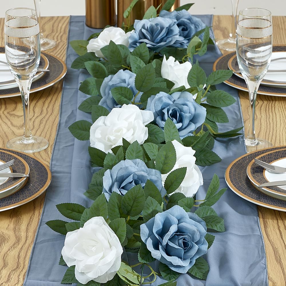 Artificial Rose Garlands Rose Vines Leaves Banners Hanging Floral Garland Fake Rose Flower Vine for Wedding Arch Ceremony Home Garden Outdoor Party Wall Decorations