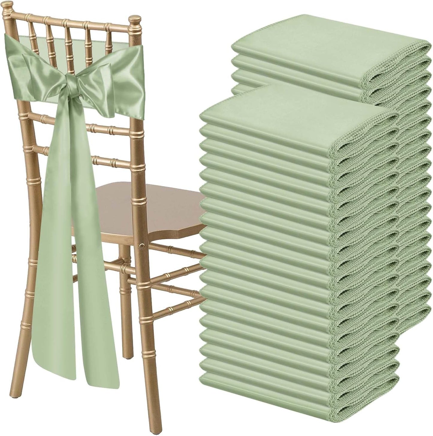 Satin Chair Sashes Bows Universal Chair Ribbon Ties Back Sash for Wedding Party Reception Events Banquets Hotel Event Chair Cover Decoration (7x108 inch) (100, Sage Green)