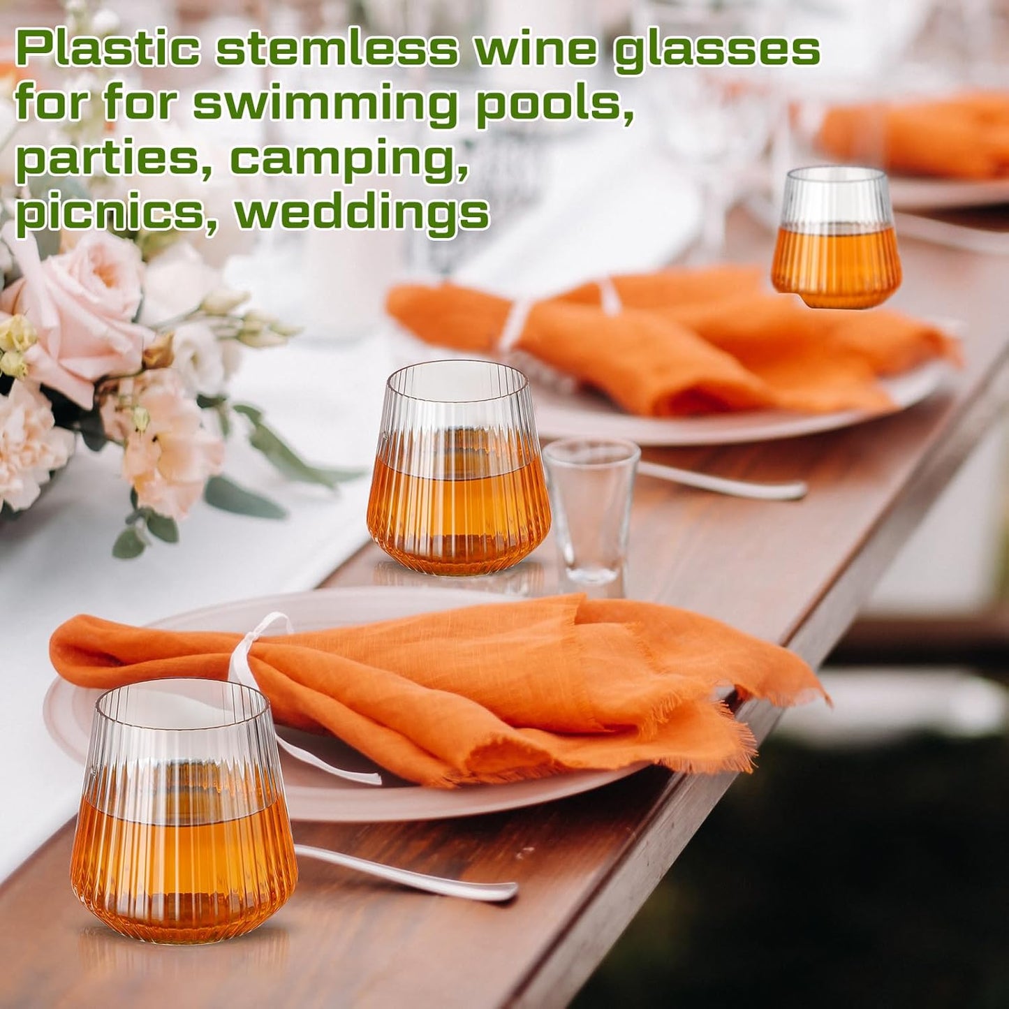 Suclain 100 Pack Plastic Wine Glasses Ribbed Stemless Wine Glasses 14oz Vertical Design Unbreakable Cups for Outdoor Indoor Vintage Elegant Champagne Whiskey Glasses for Christmas Party Wedding