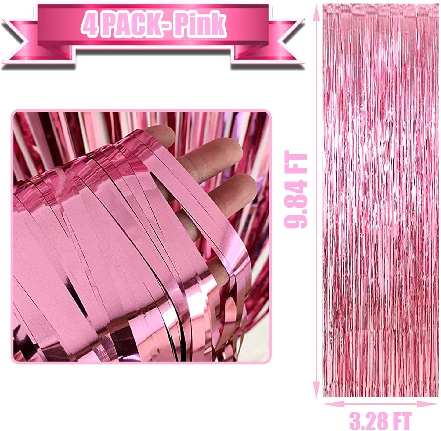4 Pack Pink Foil Fringe Curtain Backdrop, 3.3Ft x 9.8Ft Metallic Tinsel Foil Fringe Streamers Curtains for Photo Booth, Wedding, Bachelorette, Birthday, Valentine's Day, Carnival Party Decoration