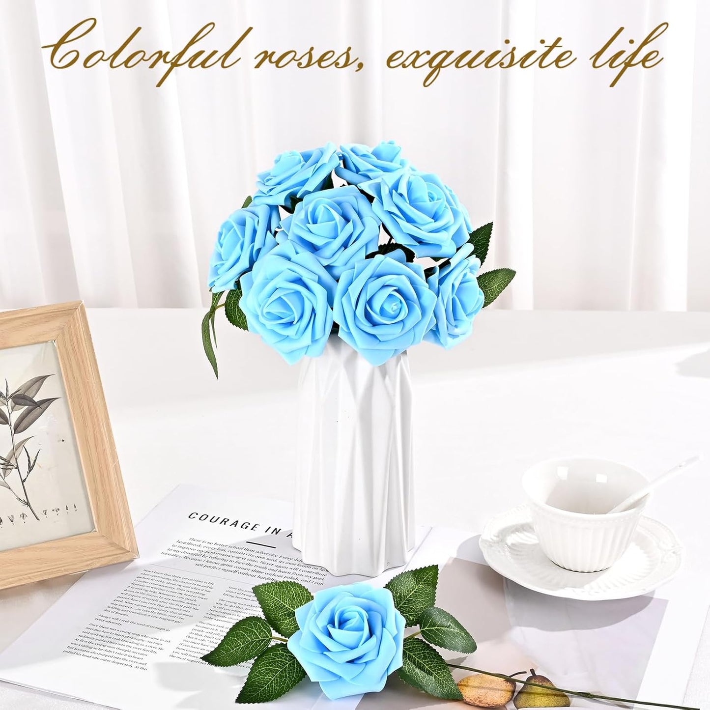 BLEUM CADE 36Pcs Artificial Flowers Fake Roses with Stems, Sky Blue Boxed Foam Roses for DIY Bouquets Centerpieces Wedding Party Arrangement Bridal Shower Decor