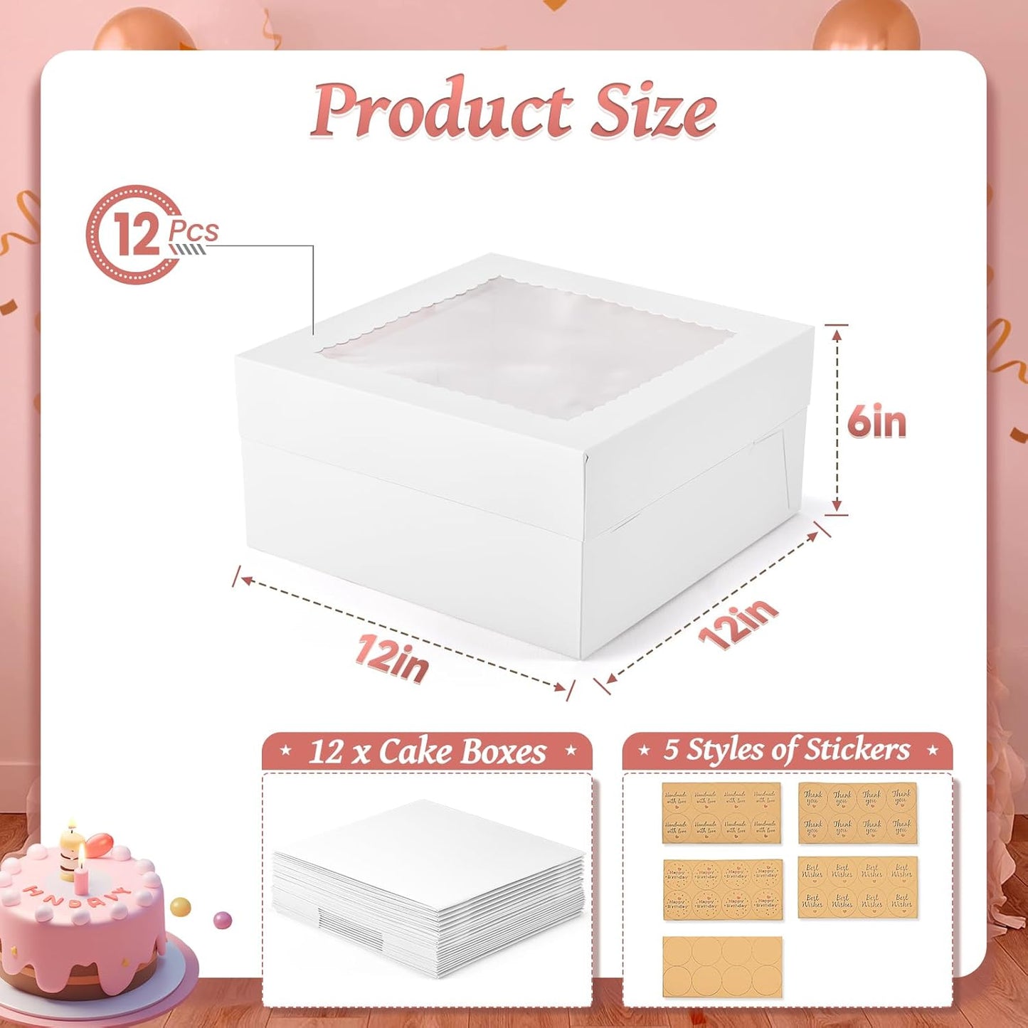 12Pcs Cake Boxes, 12x12x6 Inches White Bakery Boxes with Window, Large Disposable Cake Carrier Container for Pastries, Pie, Cookies, Chocolates, Cupcakes Dessert Boxes