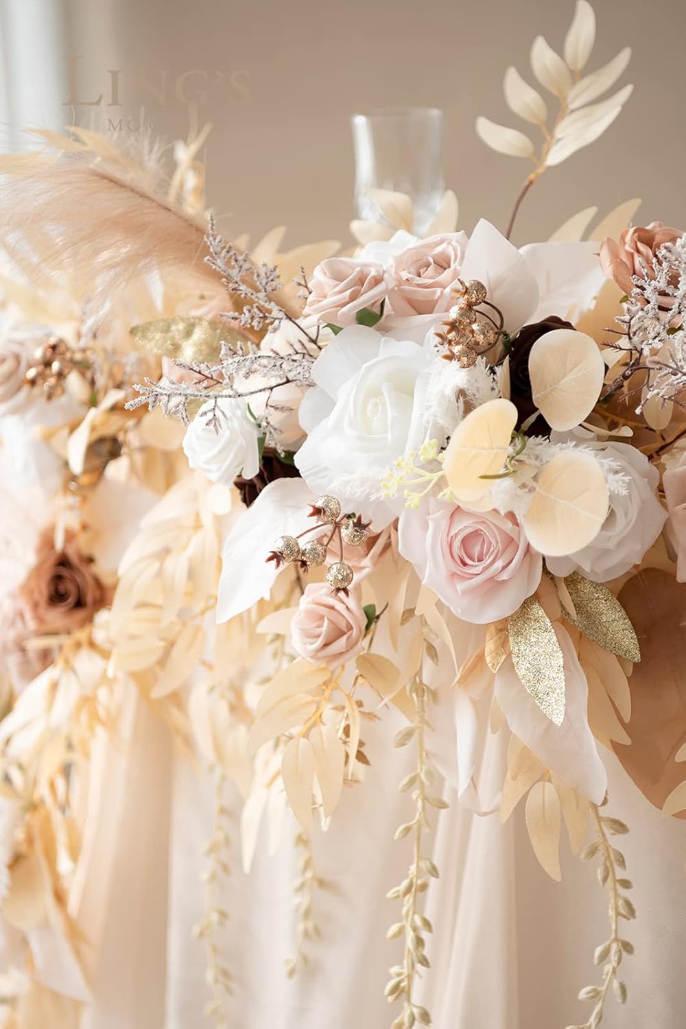 Ling's Moment 9FT Flower Garland for Backdrop Decorations - Wedding Arch Flowers, Eucalyptus & Rose, Artificial Floral Garland for Mantel - Sweetheart Table Decor for Ceremony Reception, White & Beige