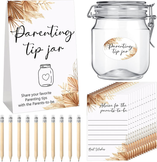 Roowest Baby Shower to Baby Advice Cards for New Parents to Be - Tip Jar Sign for New Parents 60 Parenting Advice Cards 10 HB Pencils 2 Cute Stickers 1 Pet Bottle for Guests Games(Boho)