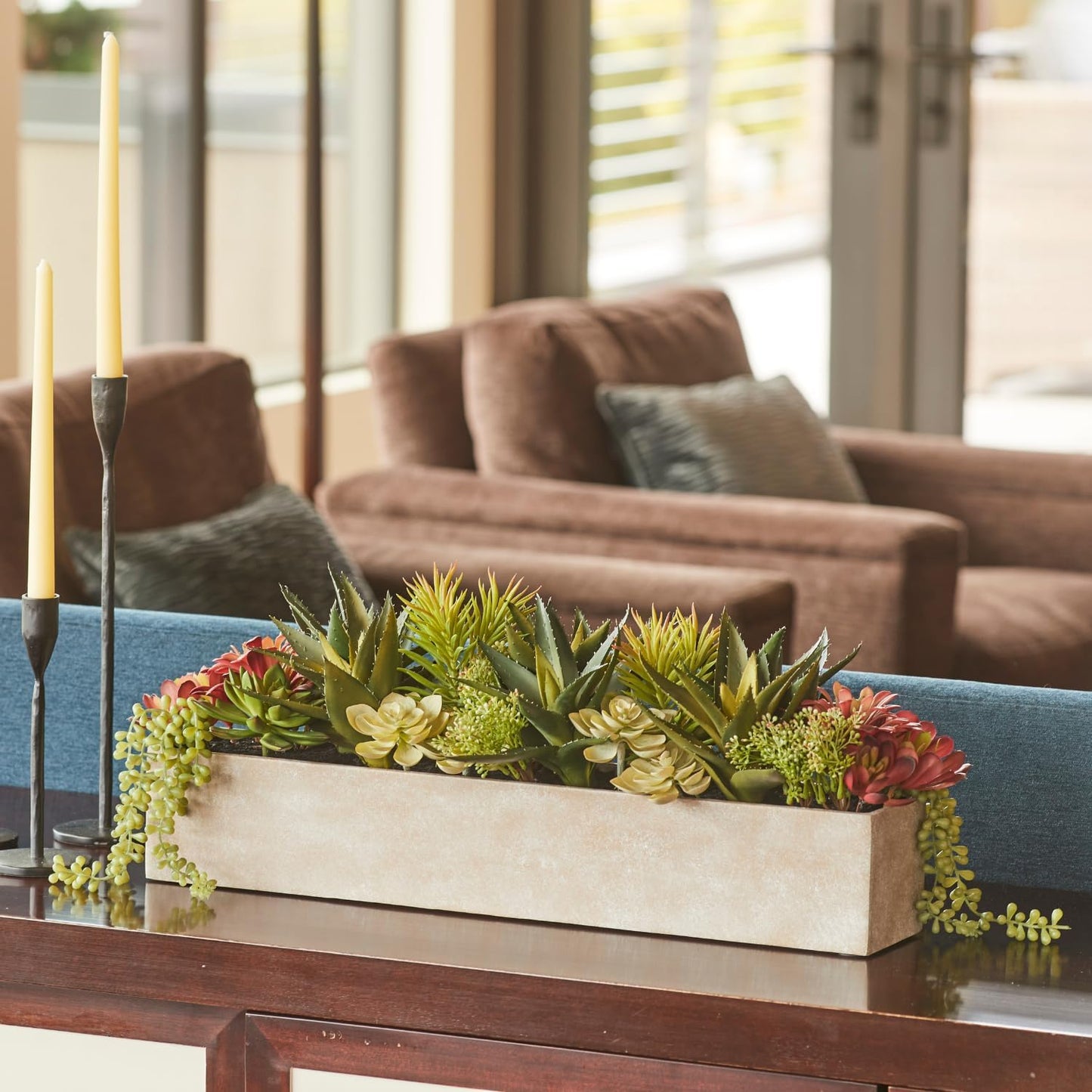 Oblong Faux Succulent Arrangement, 27" Premium Artificial Indoor Plant Enhances Interior Design, Display on Any Surface in Your Home Adding an Inviting Touch of Nature, Natural Planter Pot Included