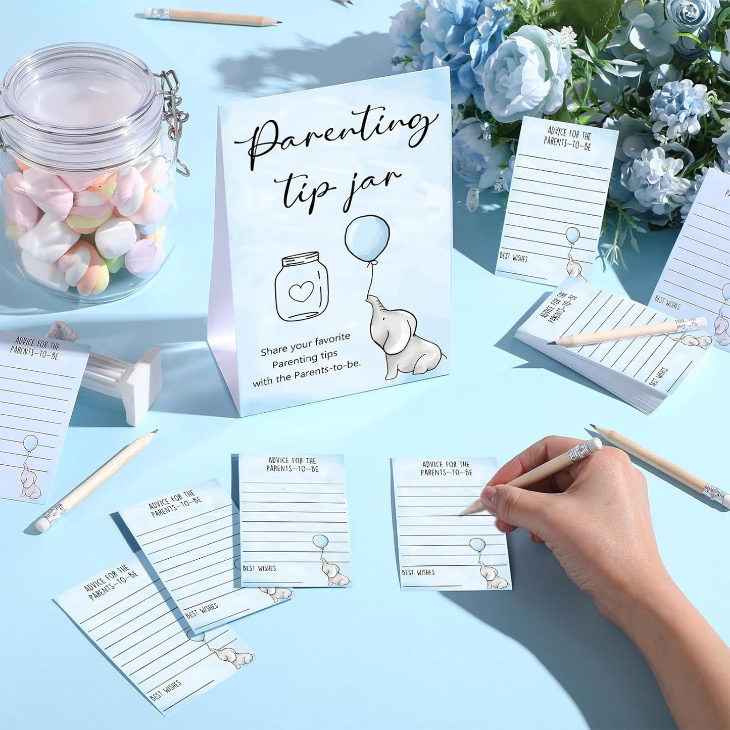 Roowest Baby Shower to Baby Advice Cards for New Parents to Be - Tip Jar Sign for New Parents 60 Parenting Advice Cards 10 HB Pencils 2 Cute Stickers 1 Pet Bottle for Guests Games(Blue Elephant)
