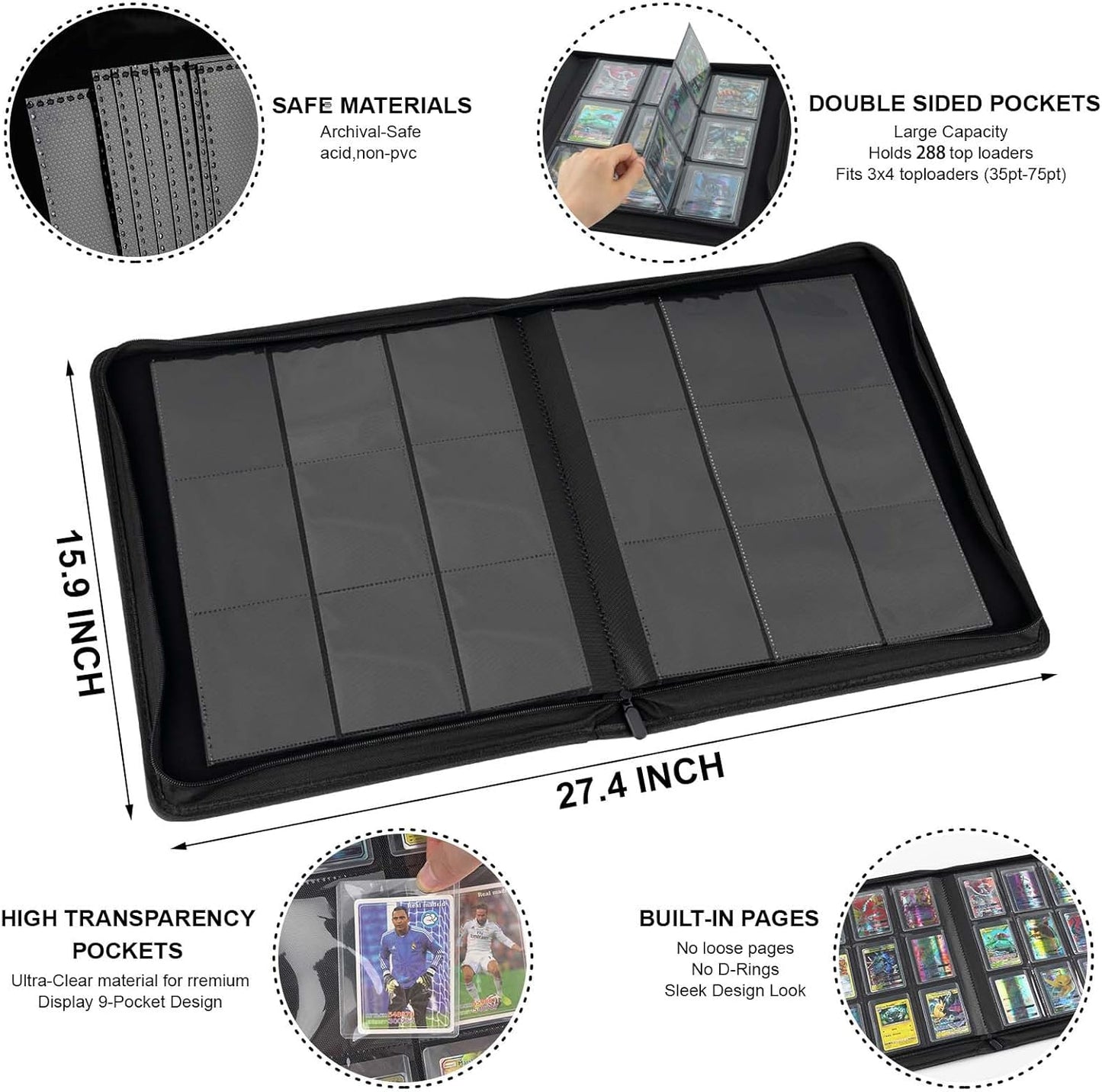 Toploader Binder with 9-Pocket Pages, Holds 288 "3×4" Rigid Toploader Hard Cases, Card Holder for Collectible Cards or Sports Cards, Durable Sleeves for Storage & Display (Blue)