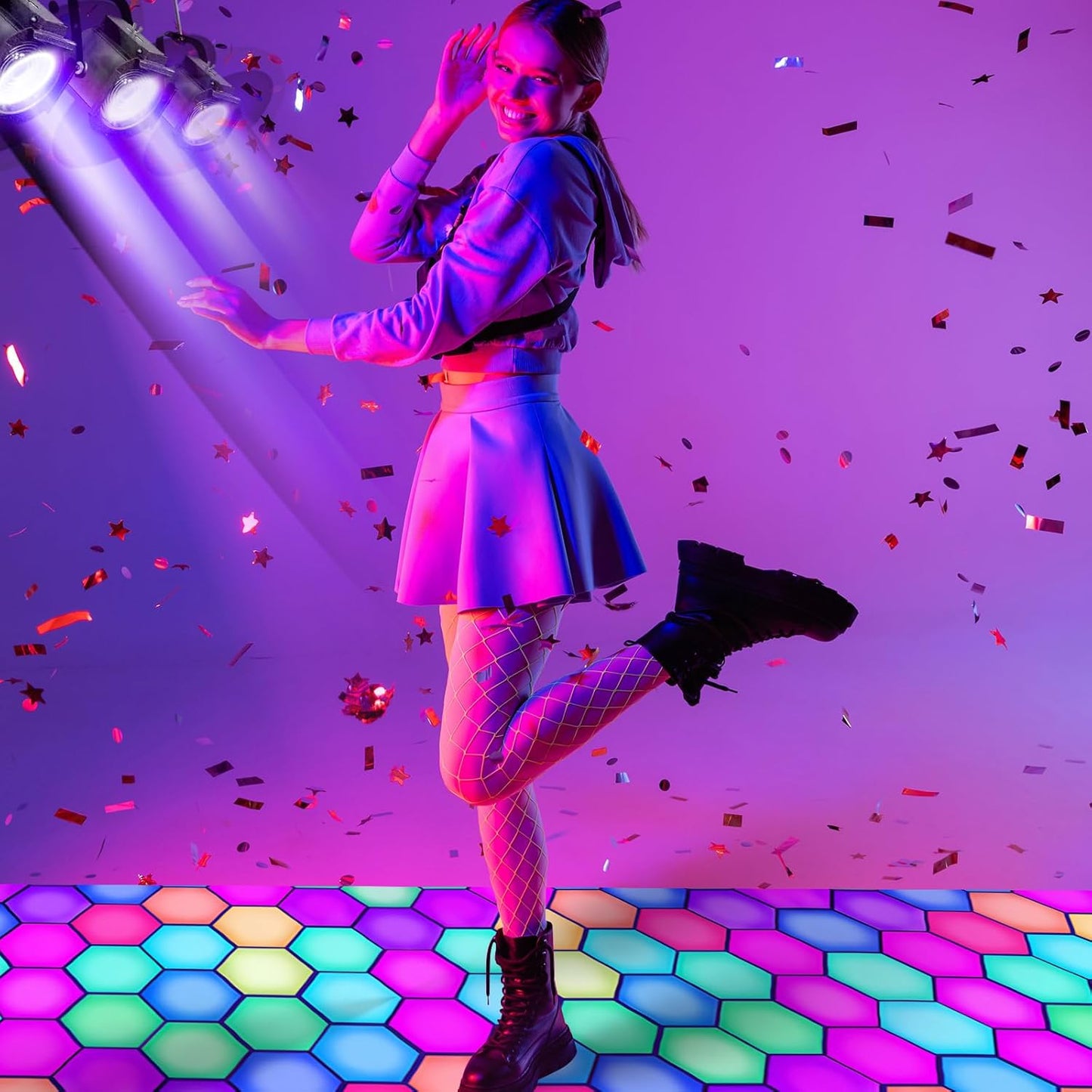 Haull 118 x 39 Inch Neon Light up Dance Floor Glow in The Dark Runner UV Reactive Blacklight Floor Aisle Runner Decor Wall Props for 80s 90s Neon Birthday Party Decorations(Hexagon)