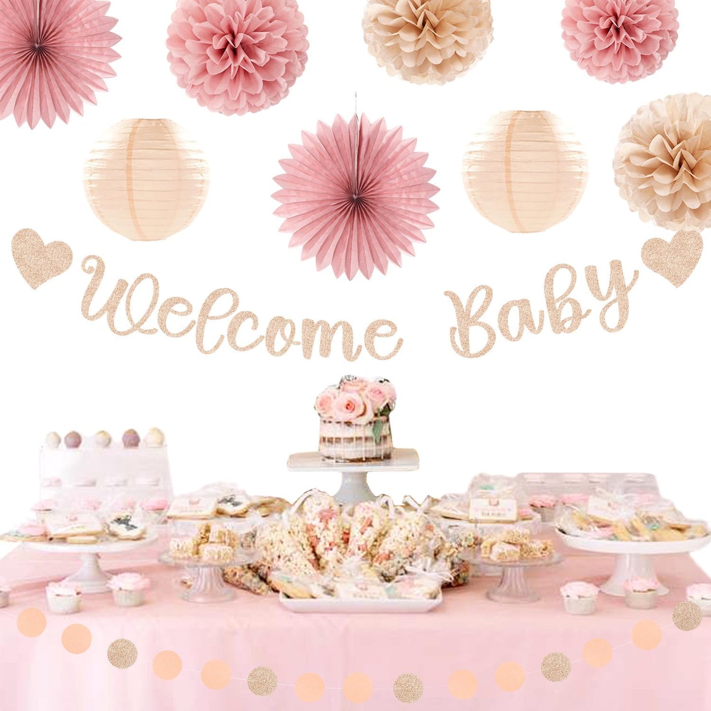 Blush-Pink Rose-Gold Fall Baby-Shower Party-Decorations - 31pcs Welcome Home Banner Sign,Neutral Paper Lanterns,Girl Streamers Garland,Boho Hanging Tissue Pom Poms Flowers Fans Backdrop Decor Burgleda
