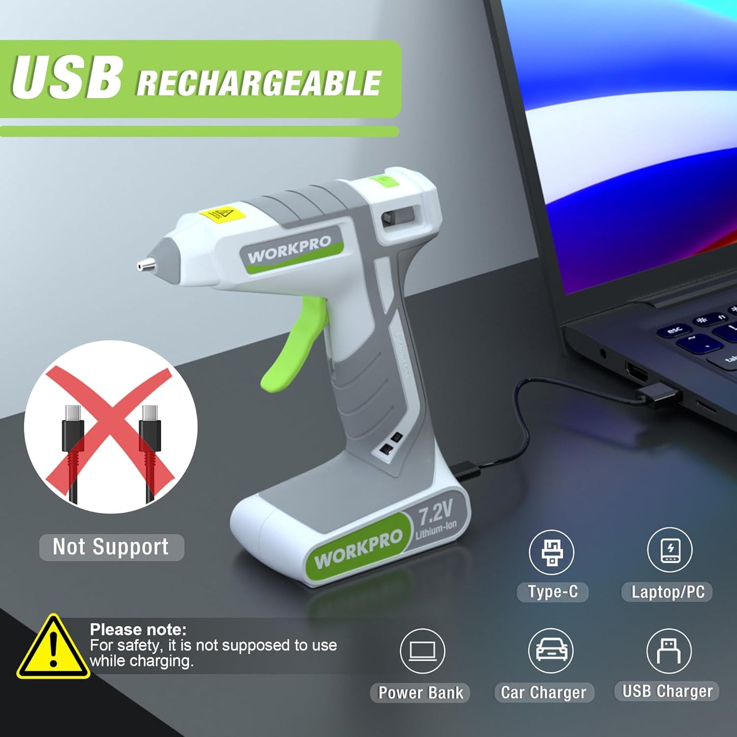 WORKPRO 7.2V Cordless Hot Melt Glue Gun, Rechargeable Fast Preheating Glue Gun Kit with 20 Pc Premium Mini Glue Stick, Automatic-Power-Off for Art, Craft, Decoration, USB Type-C Cable Included