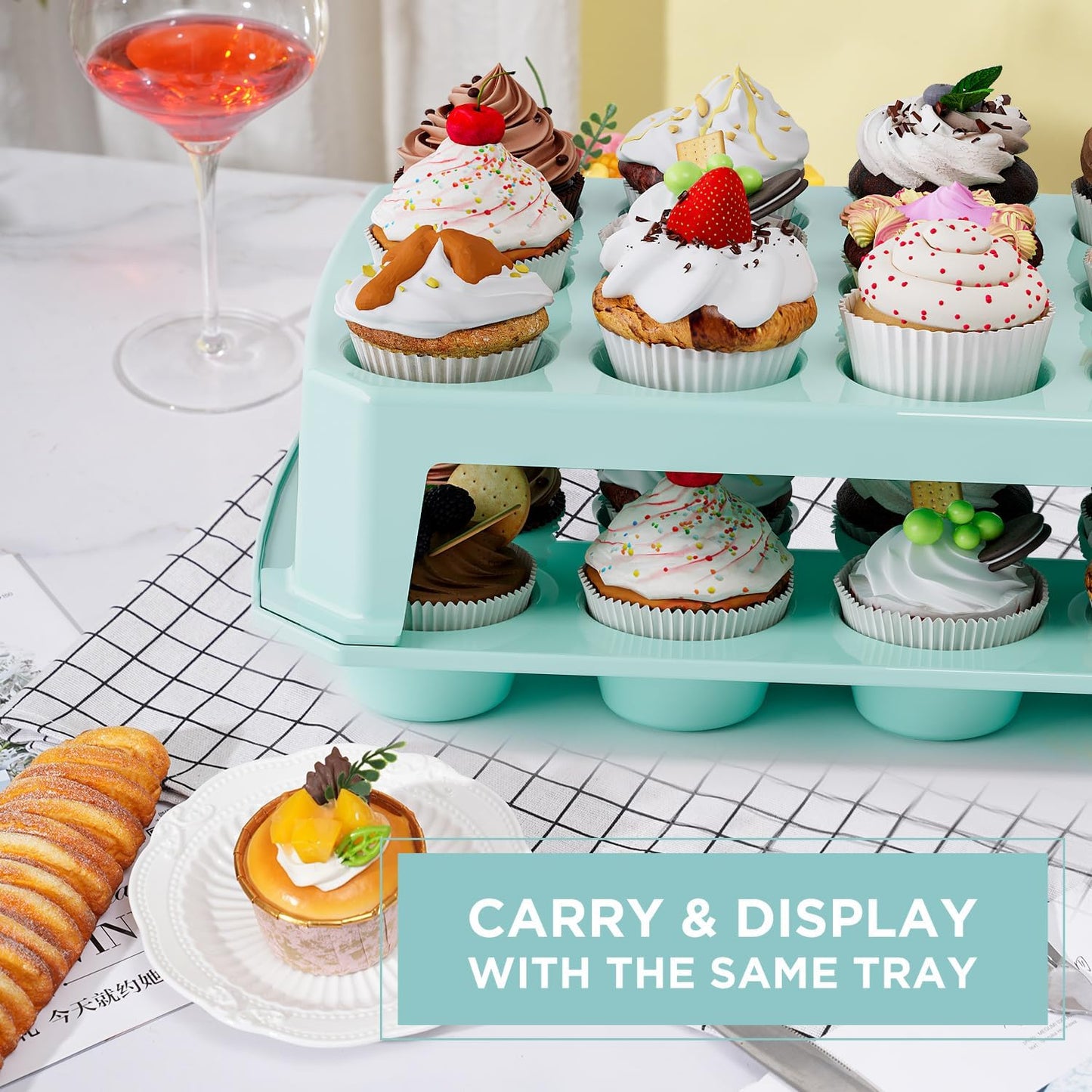 Cupcake Carrier 24 Count, Green Cupcake Holder, Cupcake Container with Lid and Handles, Muffin Traveler Two Tier Stand Reusable Cupcake Box