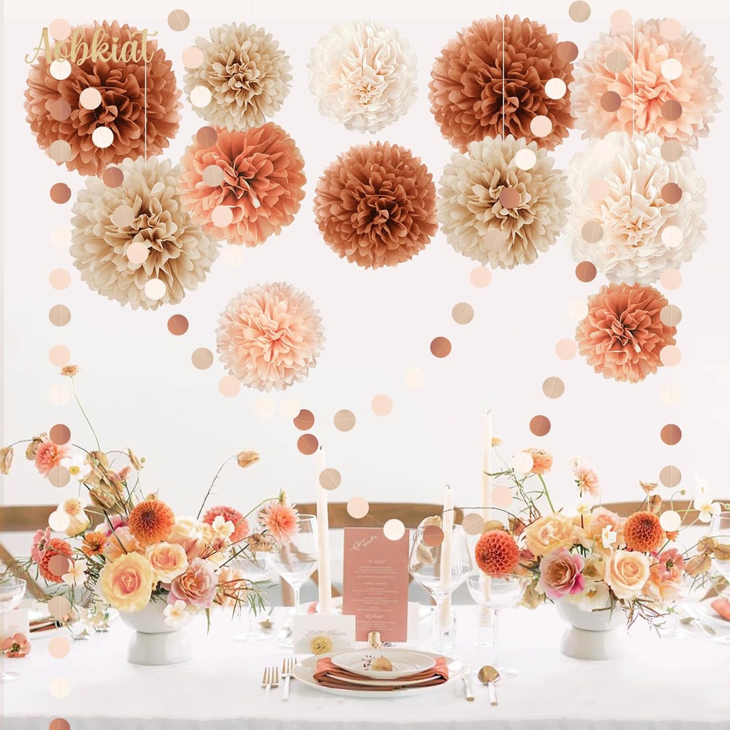 AOBKIAT Boho Fall Wedding Baby Shower Decorations,15PCS Brown Peach Tissue Paper Pom Poms,Circle Dots Colorful Paper Garland String Hanging Backdrop for Birthday Party,Retro Bridal Shower Engagement