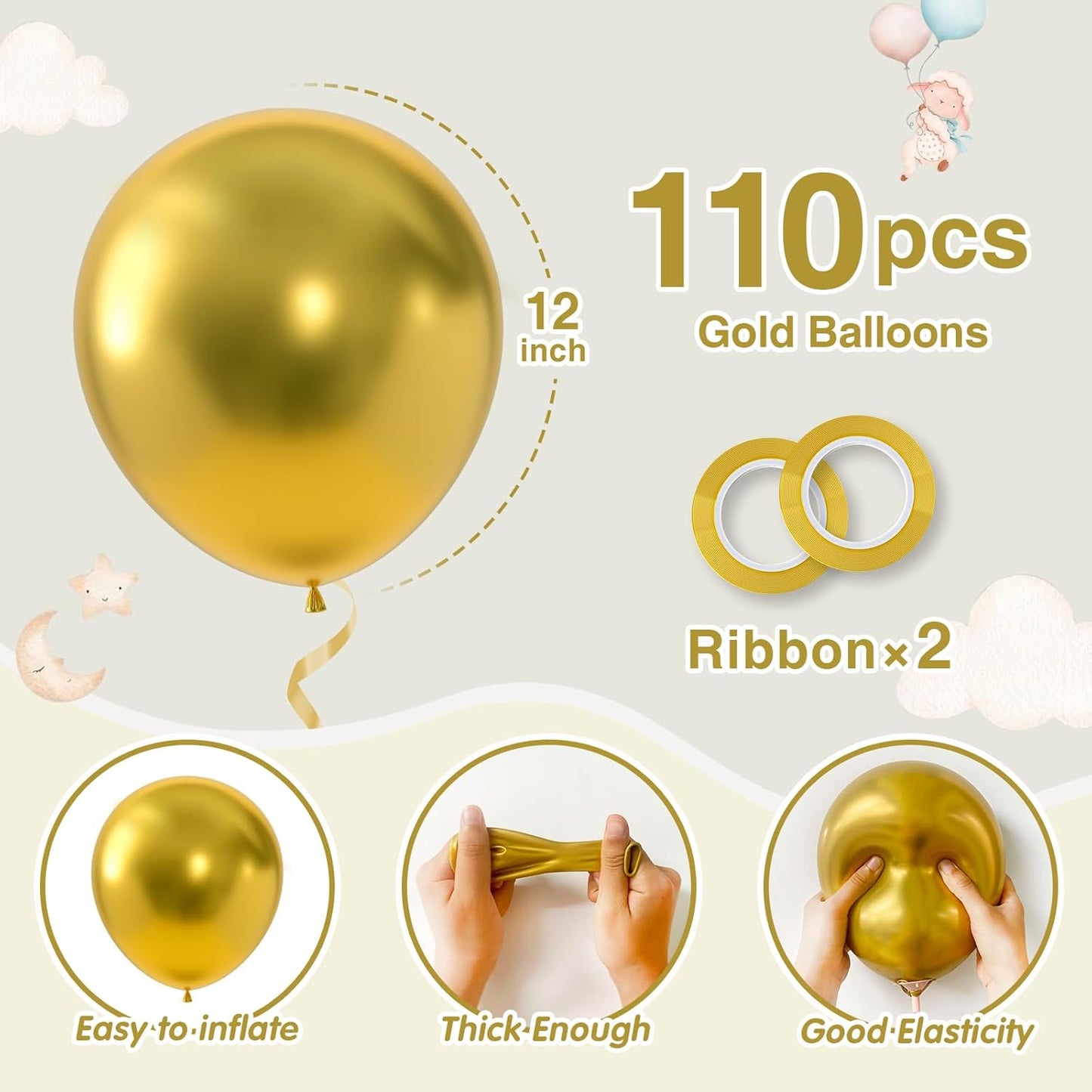 110pcs Gold Balloons 12 Inch Metallic Chrome Gold Balloon Garland Arch Kit for Birthday Baby Shower Anniversary Graduation Wedding Party Decorations