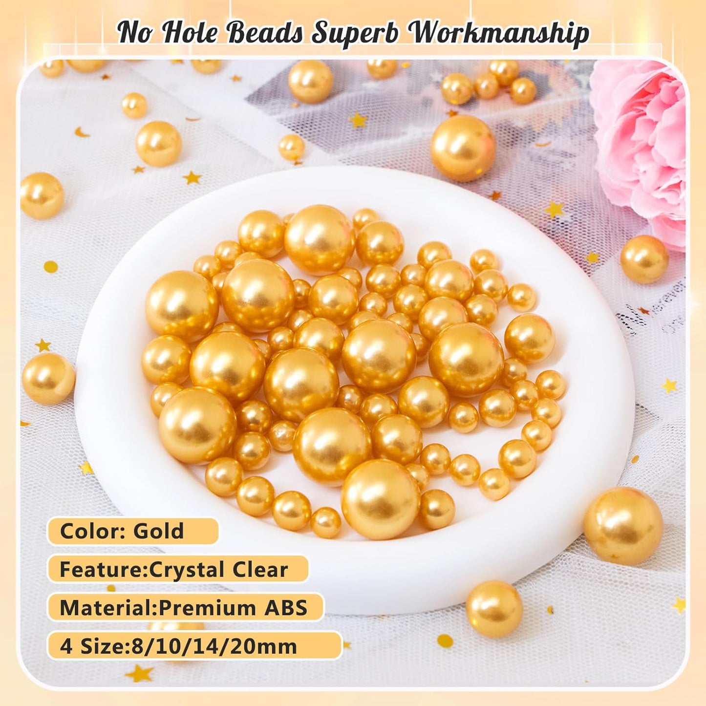 300Pcs Pearl Vase Filler, Gold No Hole Faux Pearl Beads for Centerpieces Vases, Candle Centerpieces, Wedding Birthday Party Home Decor 8/10/14/20mm