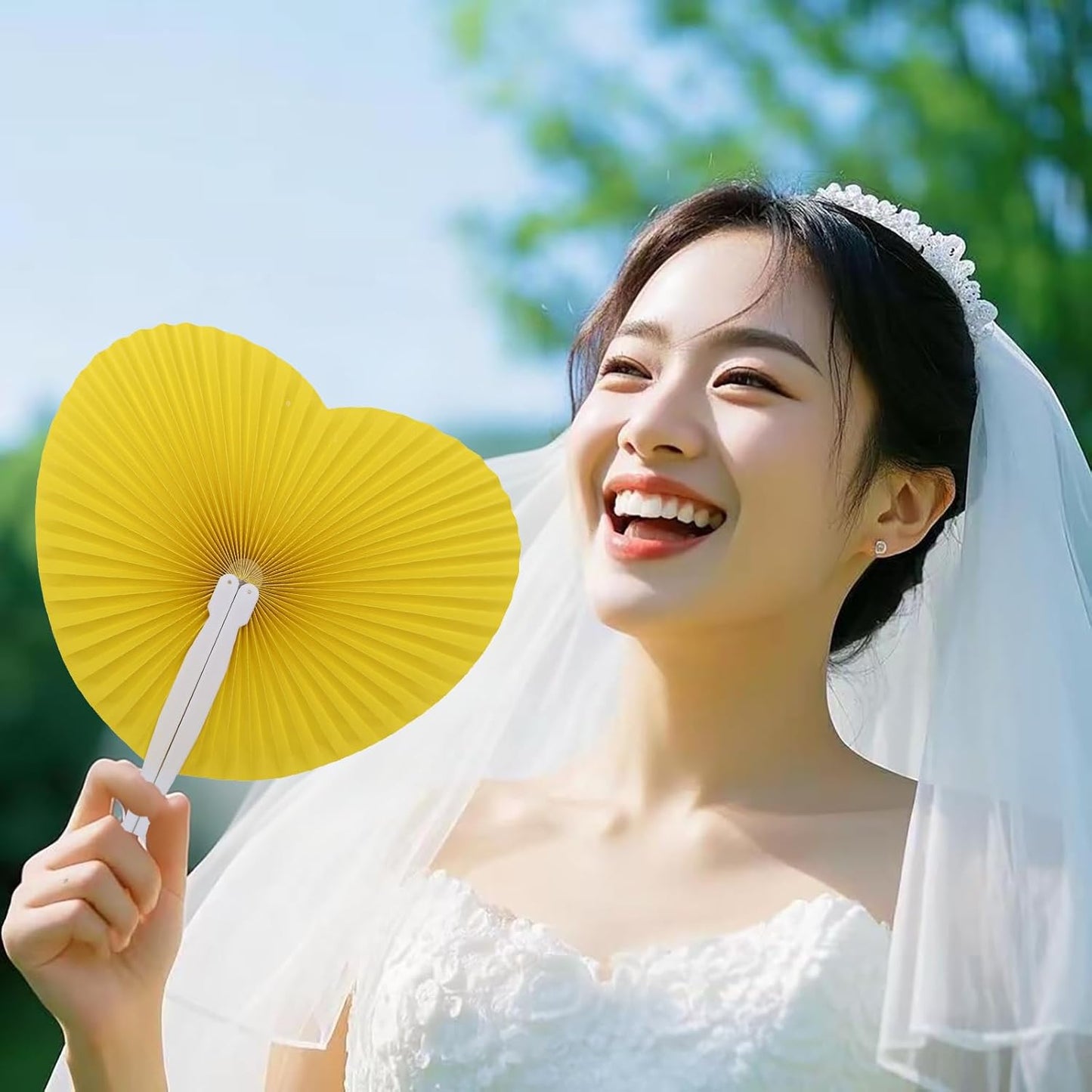 12 Packs Decorative Paper Folding Hand Fans Handheld,Yellow Heart Foldable Wedding Fans Chinese and Japanese Fans Bulk for Bridal Guest Church Party Favors Dancing Birthday DIY